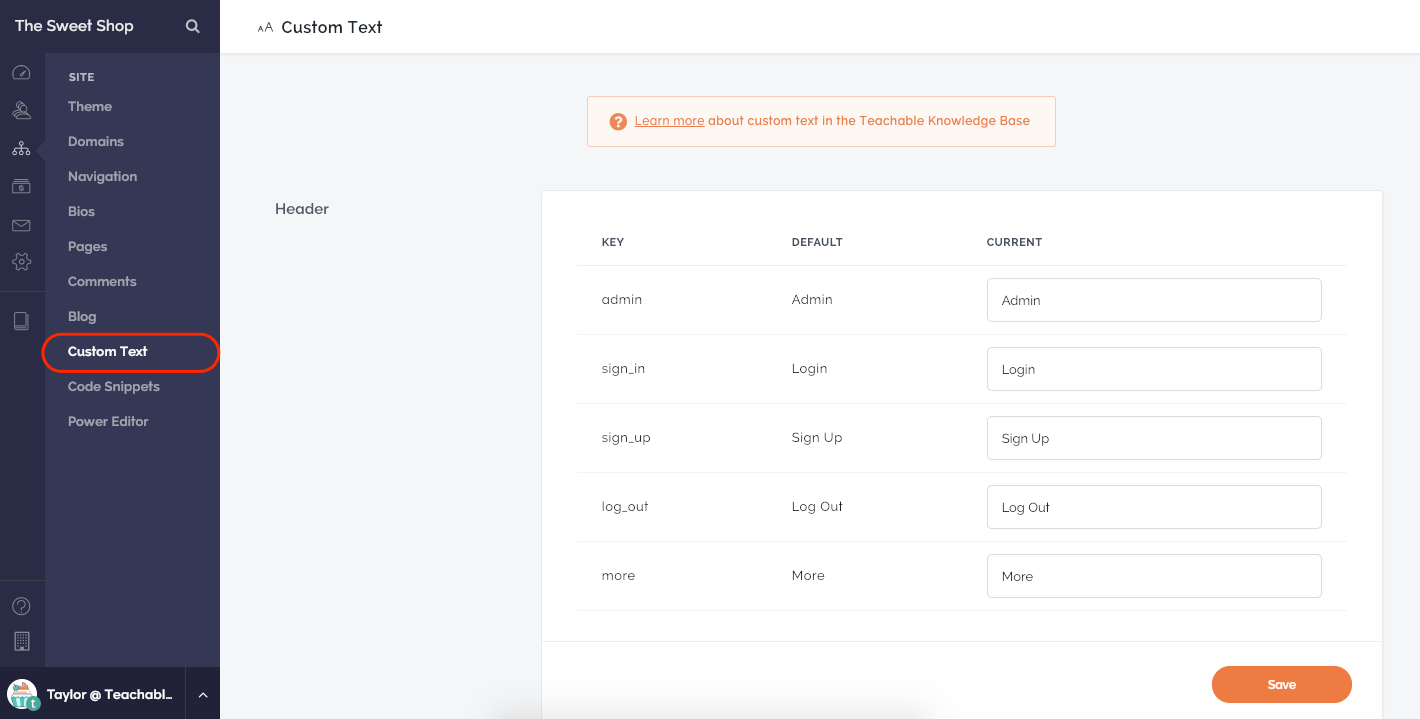 custom text teachable custom site