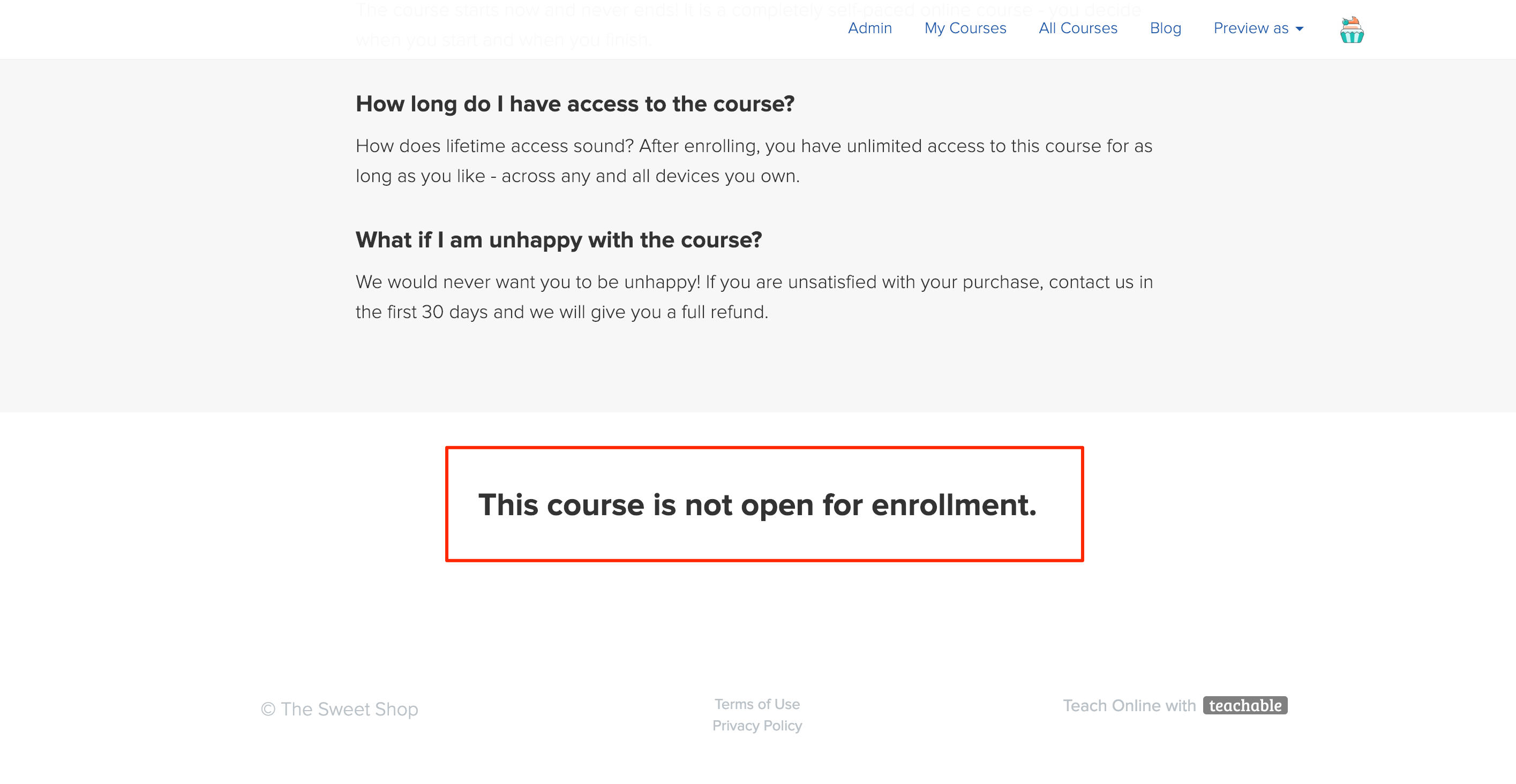 A course homepage with a message that states This course is closed for enrollment