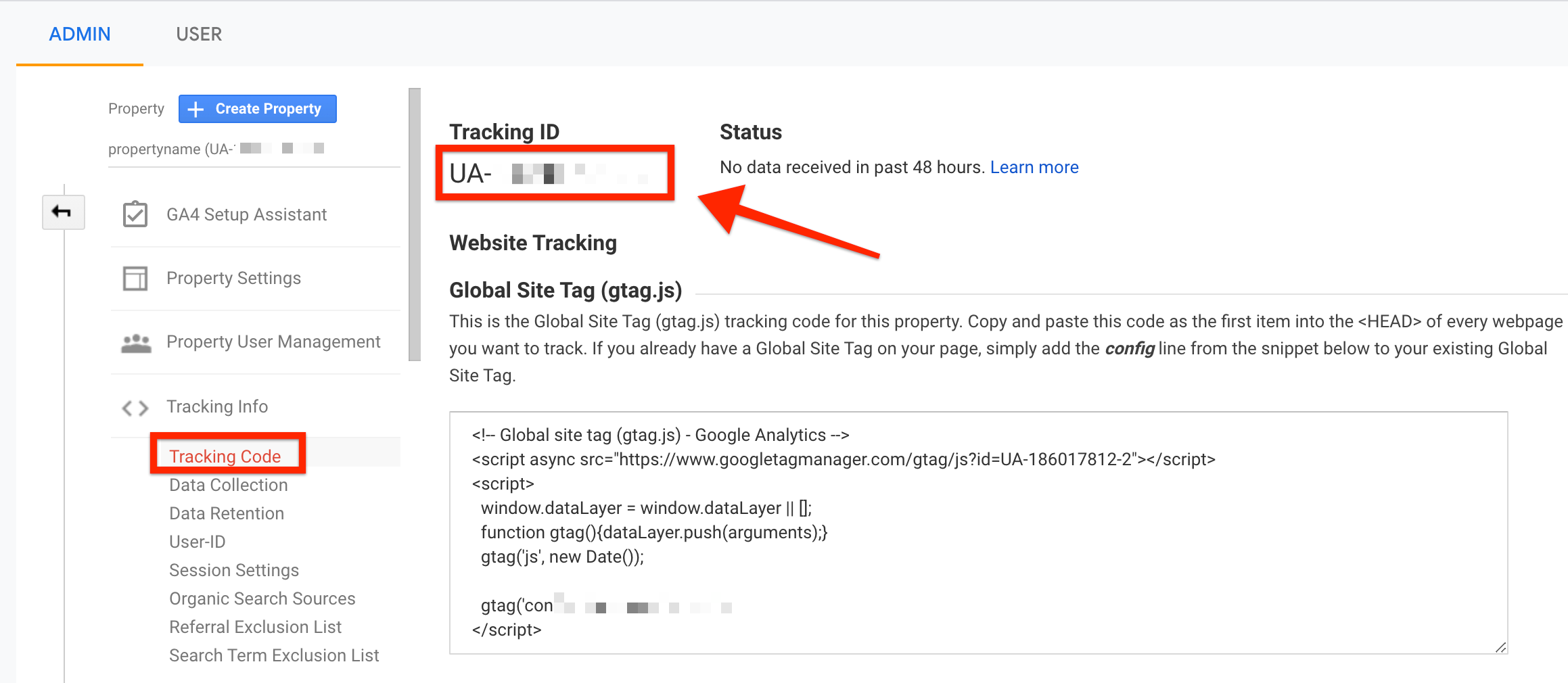 The screen shows the admin view of a google analytics account. From the left side admin menu, the TRACKING CODE tab, beneath the TRACKING INFO dropdown, is circled. On the main page, the TRACKING ID is circled.