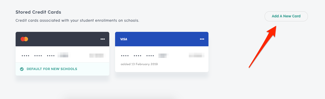 Stored credit cards section of a Teachable Account with an arrow pointing to the Add a New Card button in the top right corner.