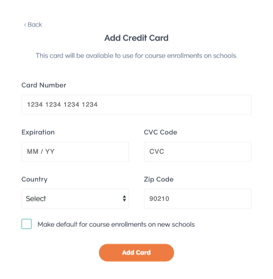 Example of add credit card popup in Teachable Accounts admin.