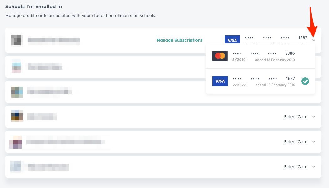 Example of dropdown to choose a new card on an existing subscription in Teachable Accounts admin.