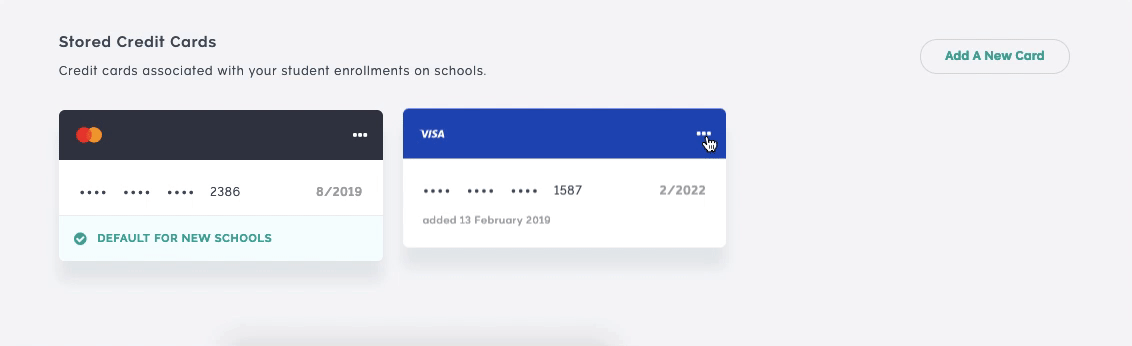 Gif of clicking the elipses icon (three dots) to show the Set Default Card For New Schools dropdown option in Teachable Accounts admin.