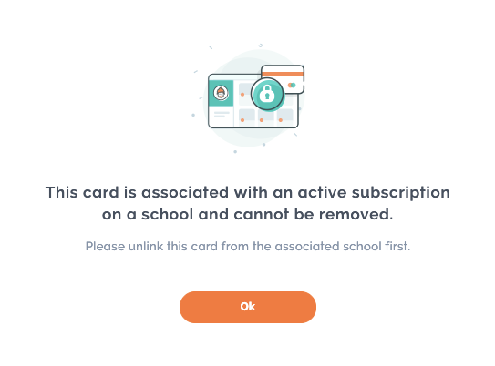 Example error message when trying to remove a card that is still being used by an active subscription in a Teachable Account.