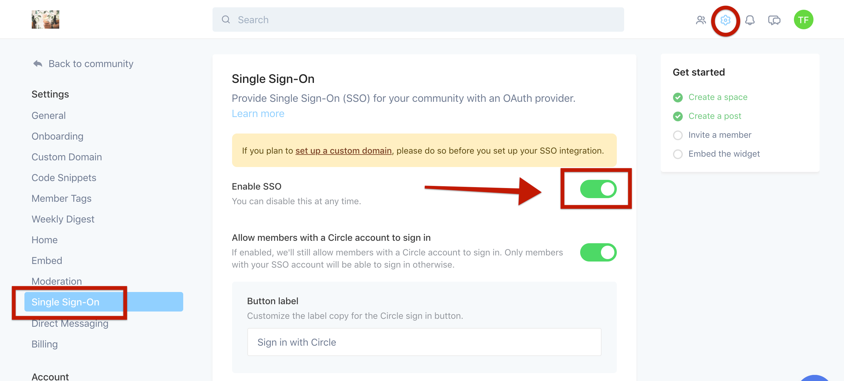 The screen shows the admin menu of a CIRCLE account. In the right corner of the banner on the top of the screen, the SETTINGS icon is circled. Then, from the left side menu, the SINGLE SIGN ON tab is circled. On the main screen, the ENABLE SSO toggle is circled.