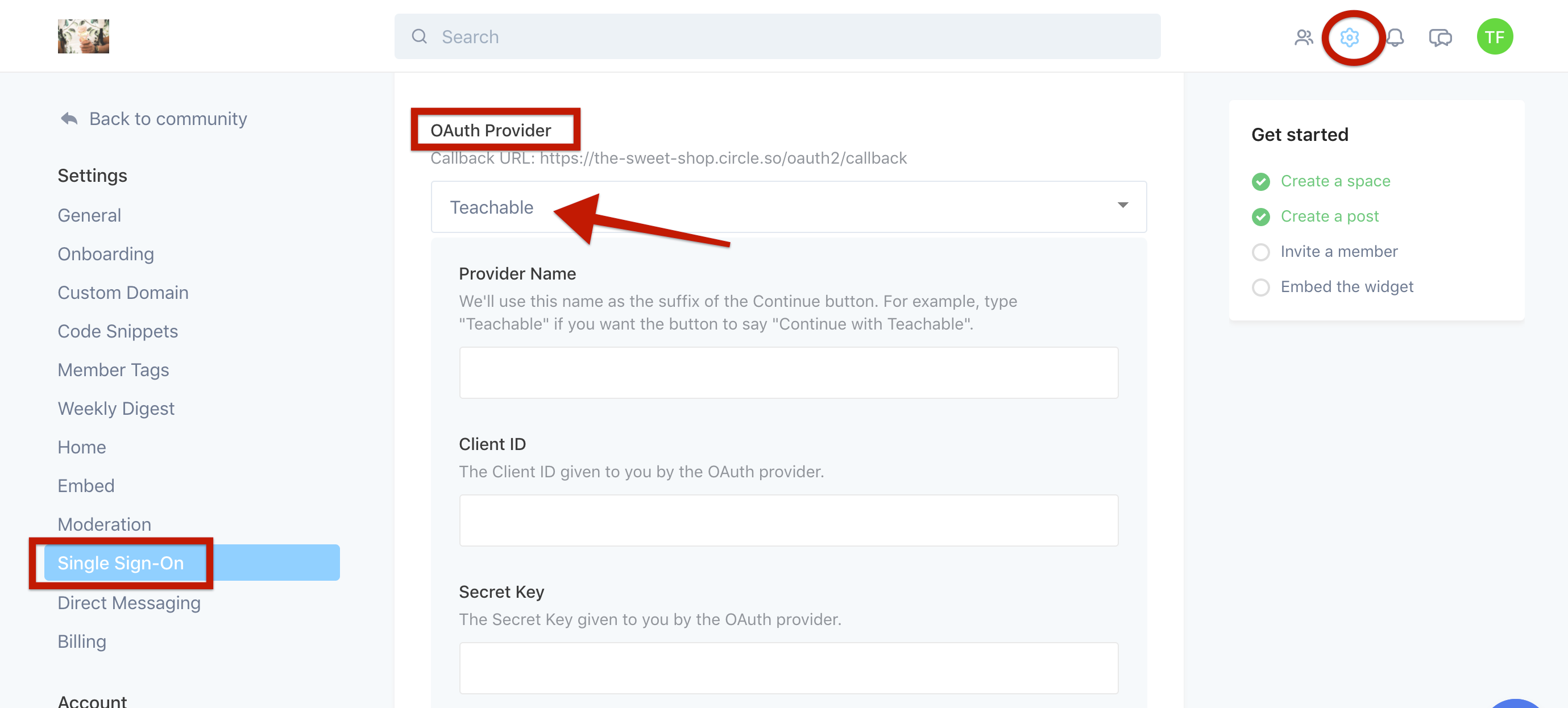 The screen shows the admin menu of a CIRCLE account. In the right corner of the banner on the top of the screen, the SETTINGS icon is circled. Then, from the left side menu, the SINGLE SIGN ON tab is circled. On the main screen, the OAUTH PROVIDER heading is circled, and TEACHABLE is selected from a drop down menu.