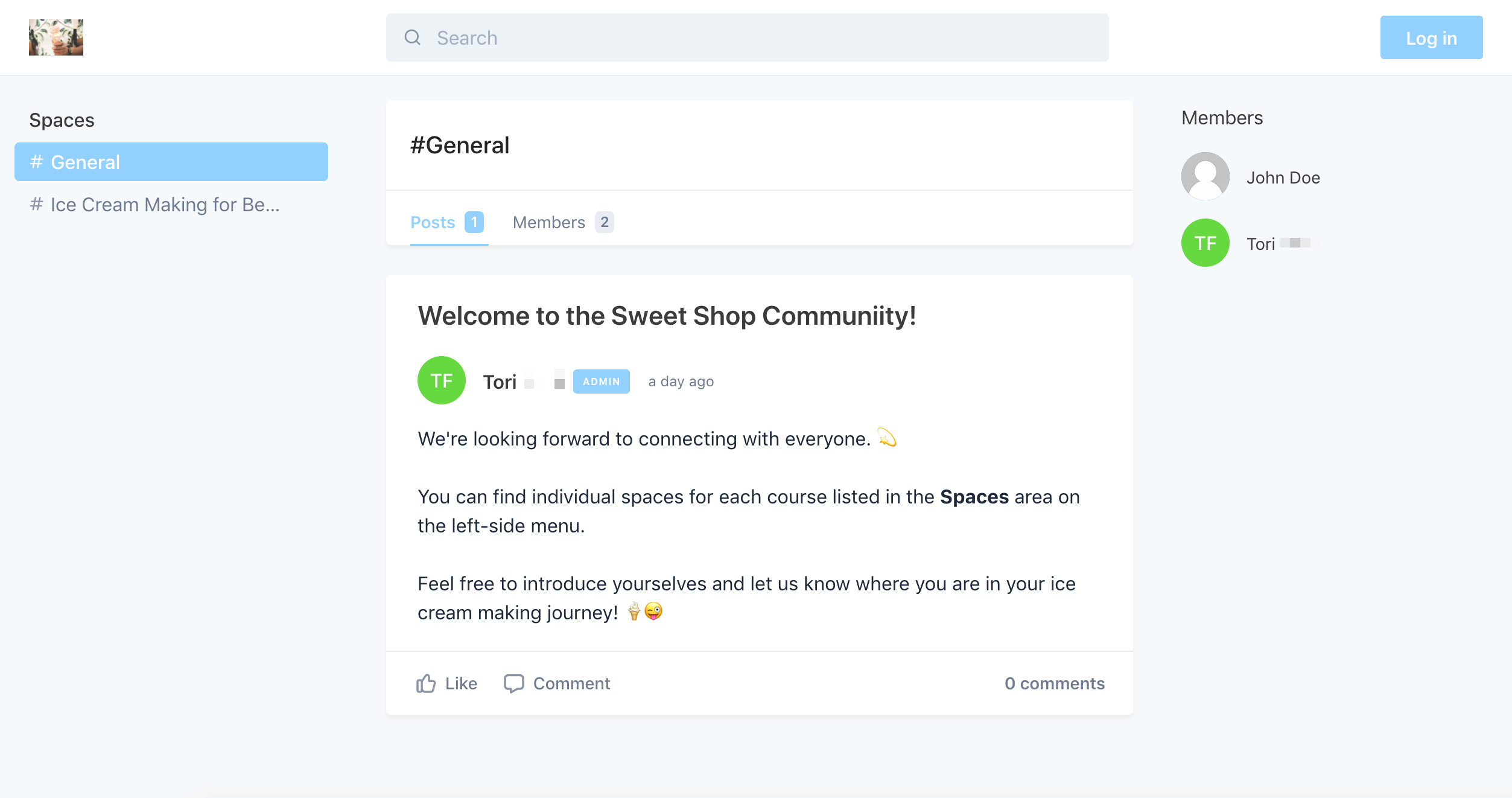 The screen shows the homepage of a community on the CIRCLE platform. There is a welcome message from the community moderator welcoming people to the community.