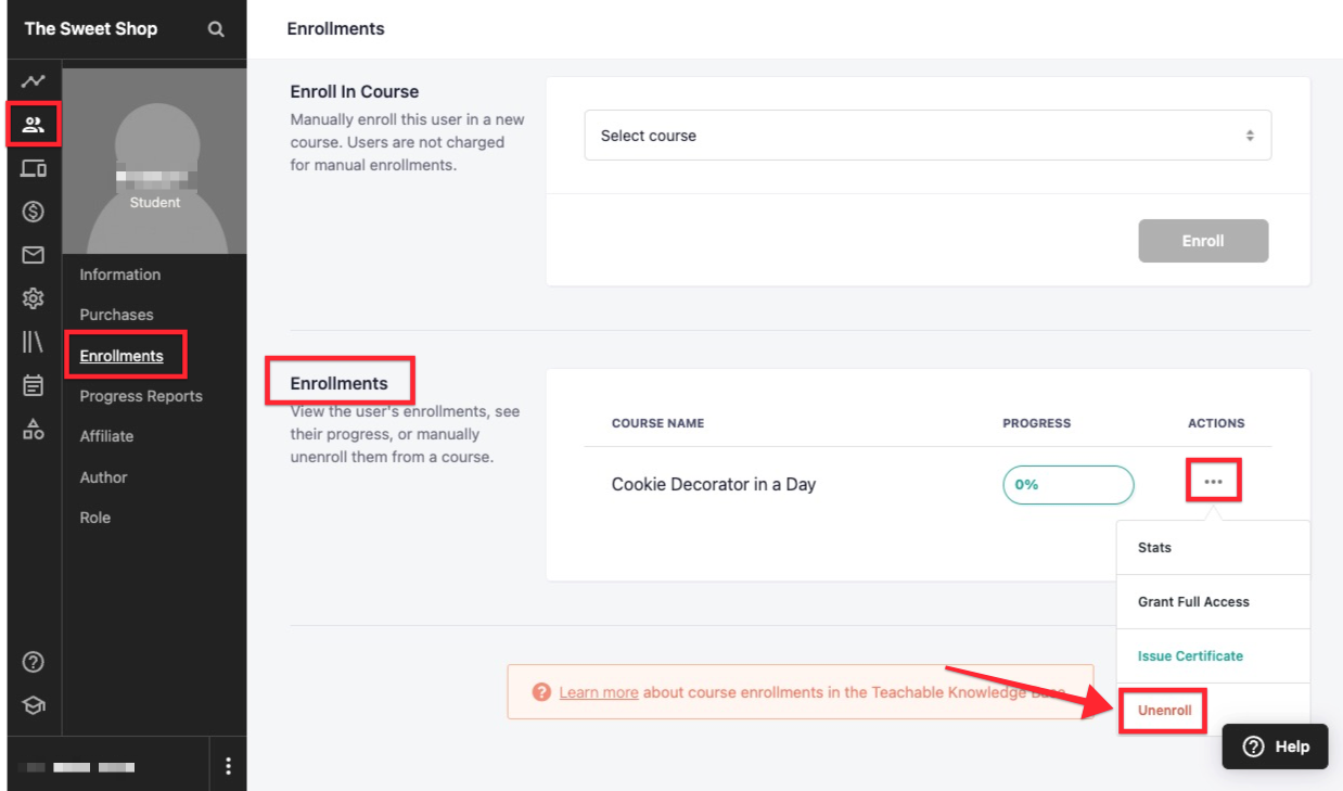 The image shows a students profile's page (selected from the USERS tab of the school). From the left-side navigation menu, the ENROLLMENTS tab is circled. In the ENROLLMENTS section of the main page, the MORE ACTIONS icon is circled (the three dots), and then there is a dropdown menu where the UNENROLL button is circled.