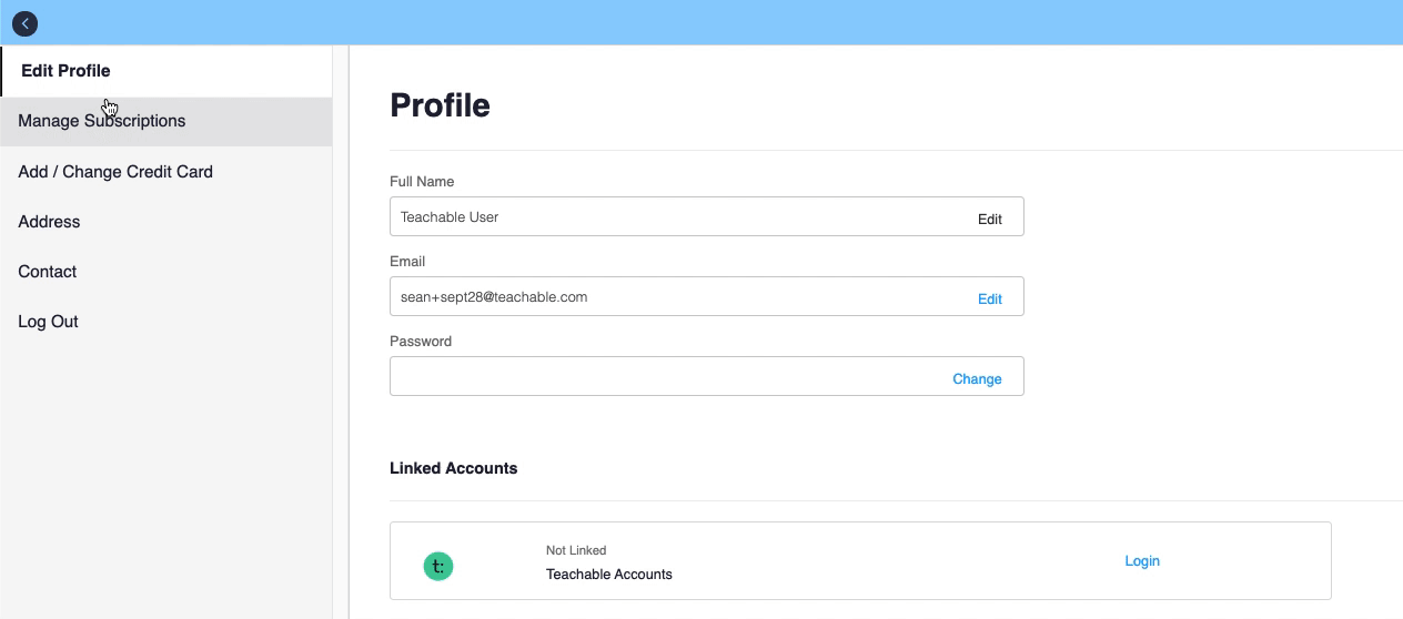 Gif of logged in student updating their email and password in the Edit Profile section of their user profile.