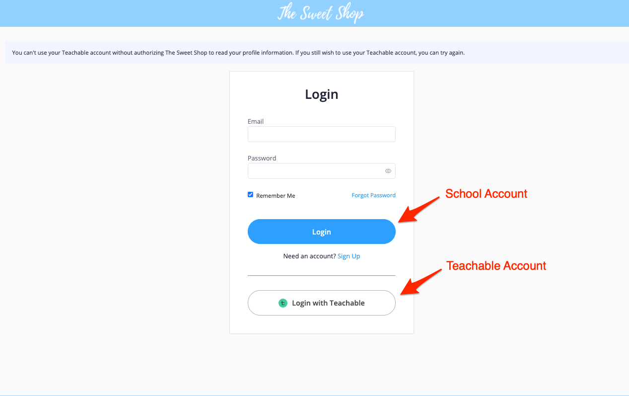 Example of a school login portal with the option to login with a school account at the top and the button to login using a Teachable Account underneath.