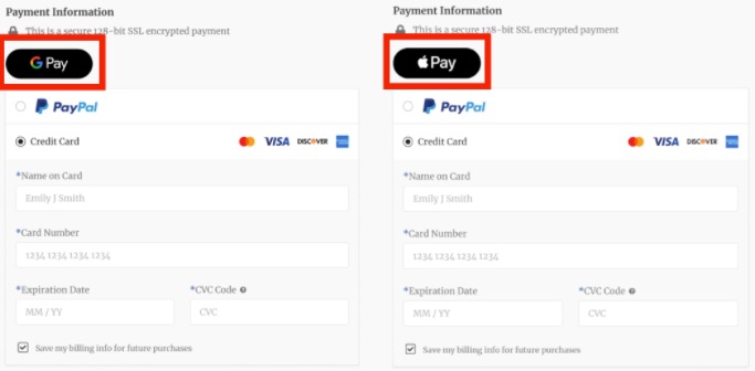 A side-by-side image showing two portions of a checkout page highlighting different payment options - buttons for Google Pay and Apple Pay are circled.