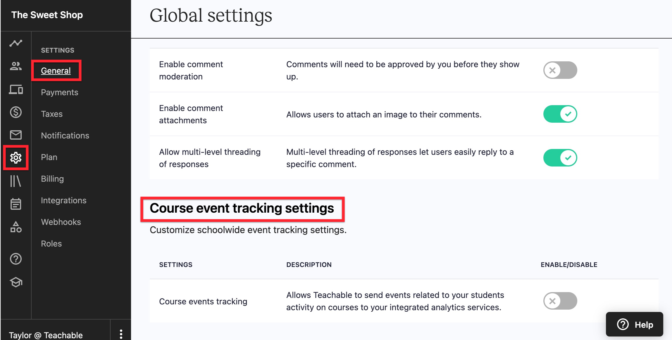 The image shows the admin view of a Teachable school. From the admin menu on the left side of the screen, the SETTINGS tab is circled. Then, the GENERAL tab from the SETTINGS submenu is circled. Towards the bottom of the page, the Course event tracking settings header is circled.