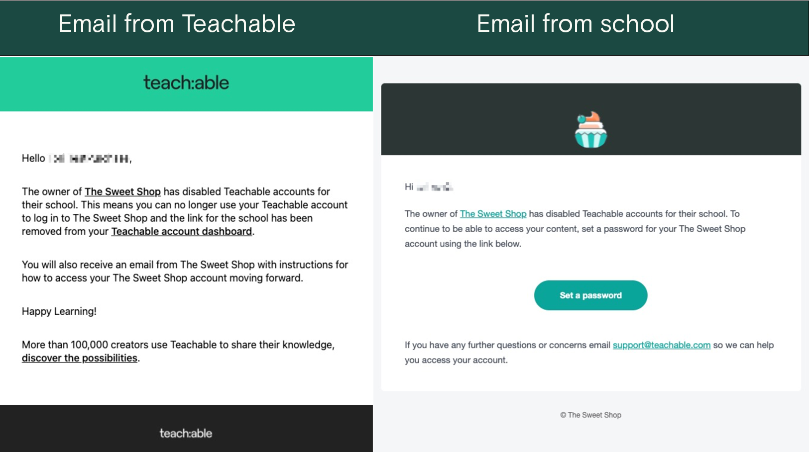 This is a graphic displaying two emails. On the left, there is an email from Teachable which states the following: The owner of SCHOOL NAME has disabled Teachable Accounts for their school. This means you can no longer use your Teachable Account to log in to SCHOOL NAME and the link for the school has been removed from your Teachable Account dashboard. You will also receive an email from SCHOOL NAME with instructions for how to access your SCHOOL NAME account moving forward. On the right side of the graphic, there is an email from the school which states the following: The owner of SCHOOL NAME has disabled Teachable Accounts for their school. To continue to be able to access your content, set a password for your SCHOOL NAME account using the link below.