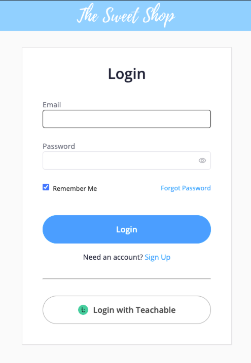The image shows a login popup modal. There are fields for Email and Password, with a Login button beneath the fields. Beneath the Login button is a Login with Teachable button.