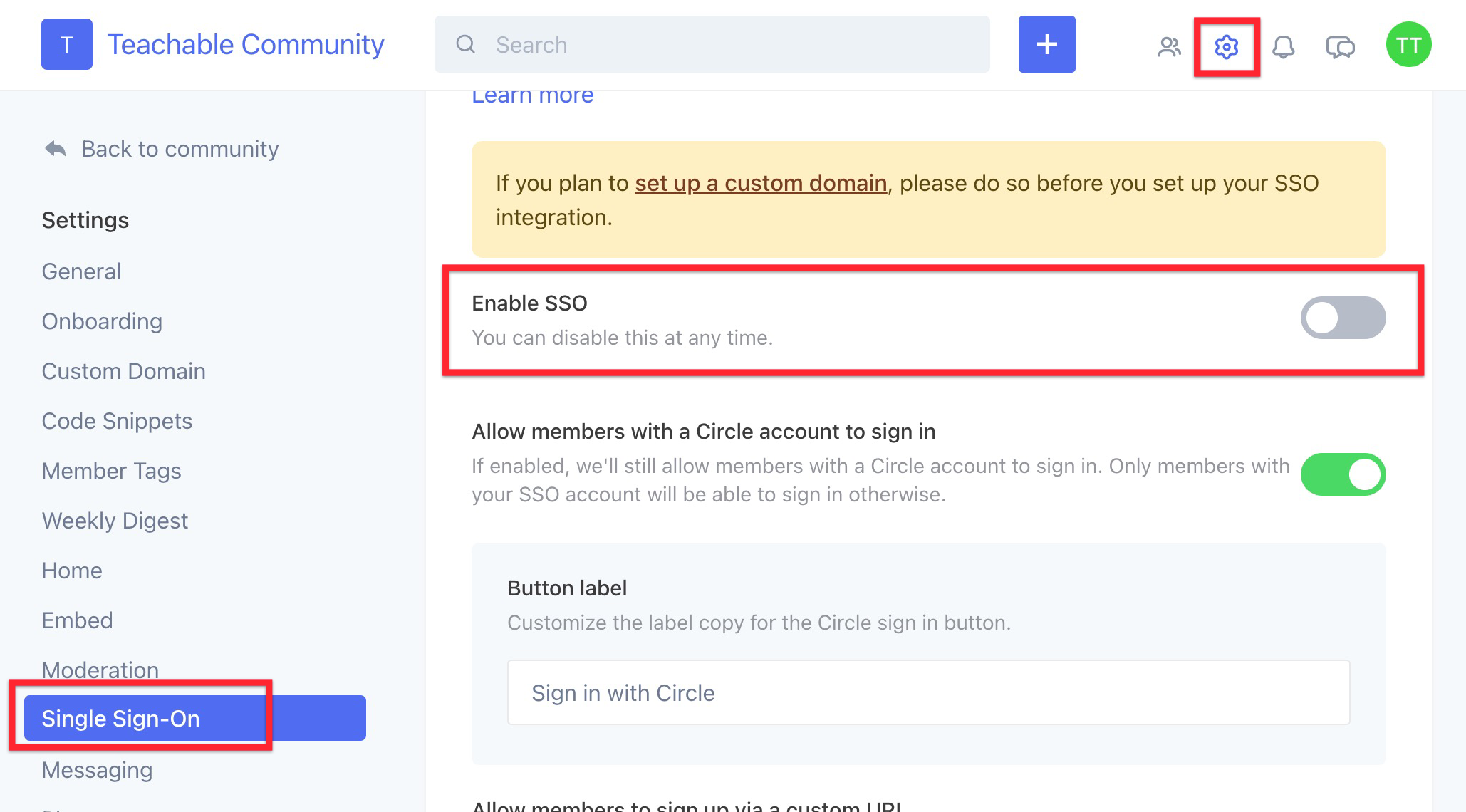 The image shows the admin view of a CIRCLE ACCOUNT. At the top of the page, the SETTINGS/GEAR icon is circled. From the left side menu, the SINGLE SIGN ON tab is circled. On the main page, the ENABLE SSO toggle is turned off.
