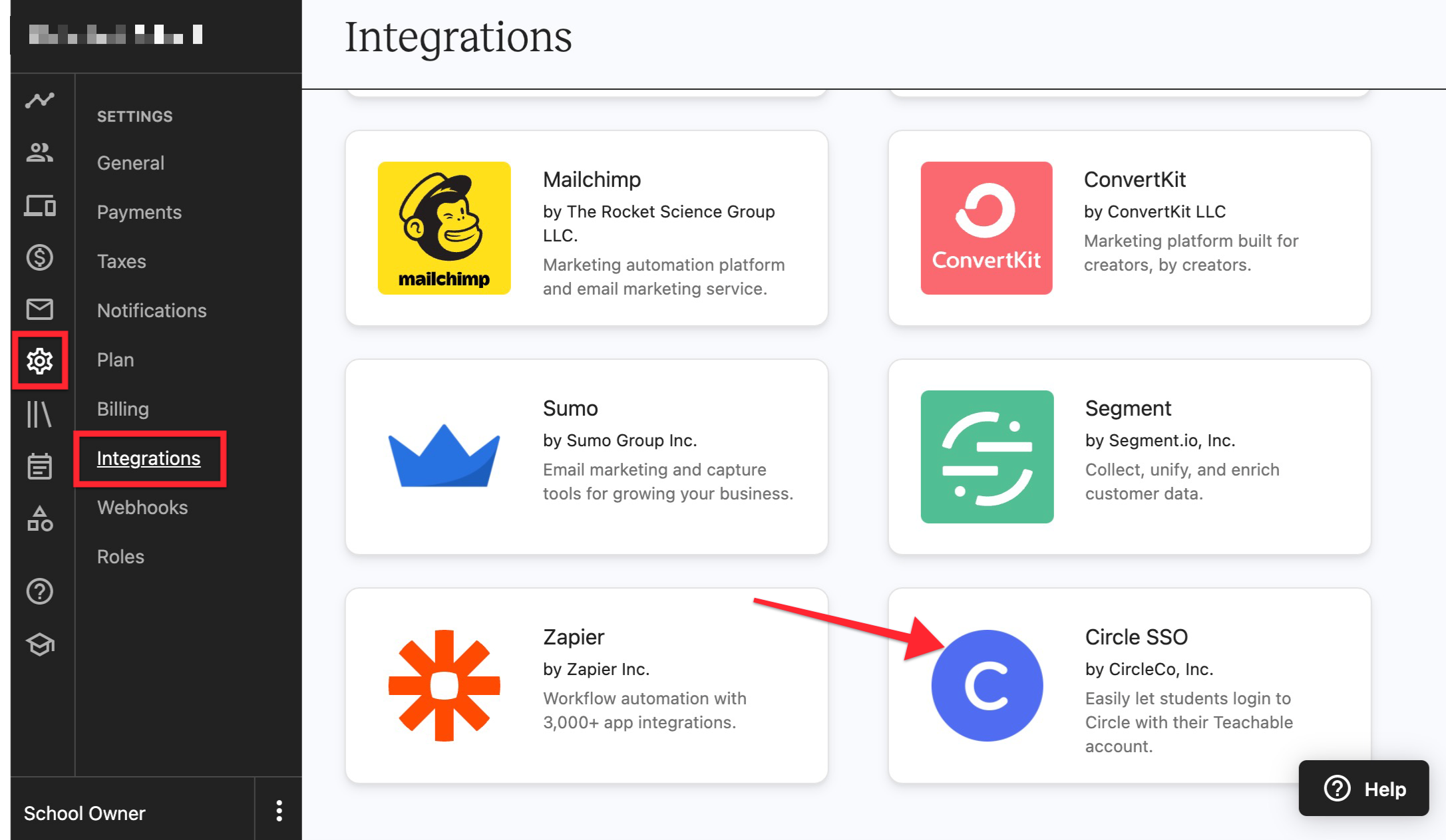 The screen shows the admin view of a Teachable school. From the left side admin menu, the SETTINGS tab is circled. From the SETTINGS submenu, the INTEGRATIONS tab is circled. On the main part of the screen, the CIRCLE icon has an arrow pointing to it.