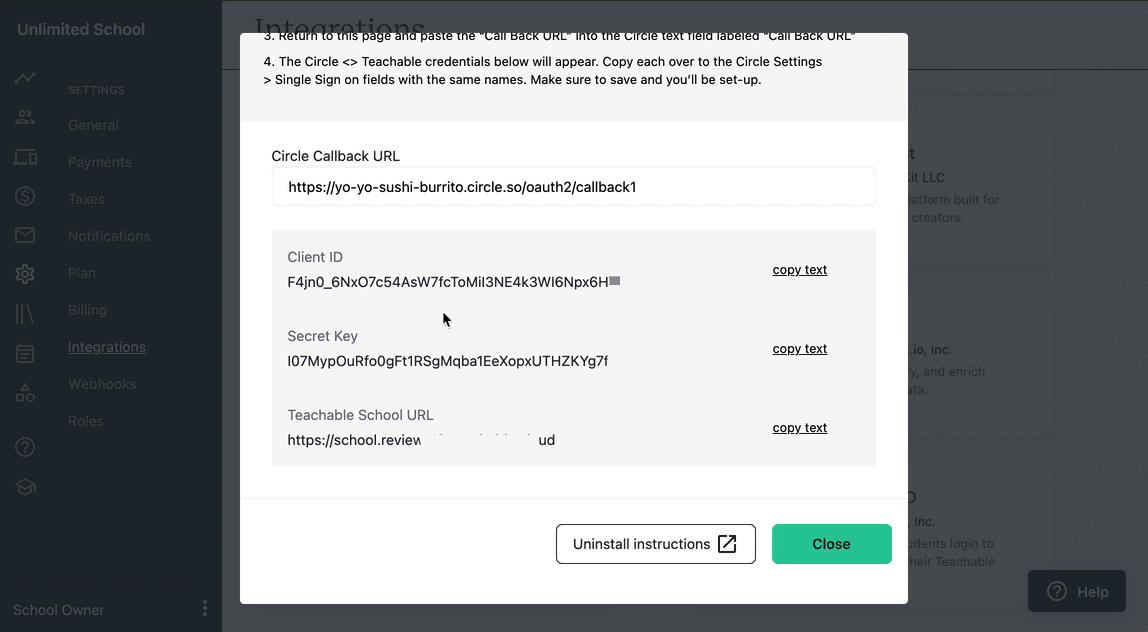 The GIF shows a user on the CIRCLE popup from the Teachable SETTINGS INTEGRATIONS page. They copy the Client ID, then return to their CIRCLE admin in a separate tab and paste it in the CLIENT ID field there.