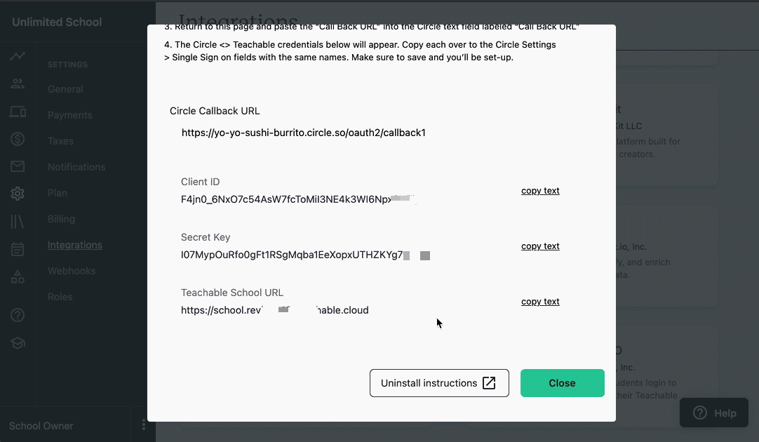 The GIF shows a user on the CIRCLE popup from the Teachable SETTINGS INTEGRATIONS page. They copy the SECRET KEY, then return to their CIRCLE admin in a separate tab and paste it in the SECRET KEY field there.