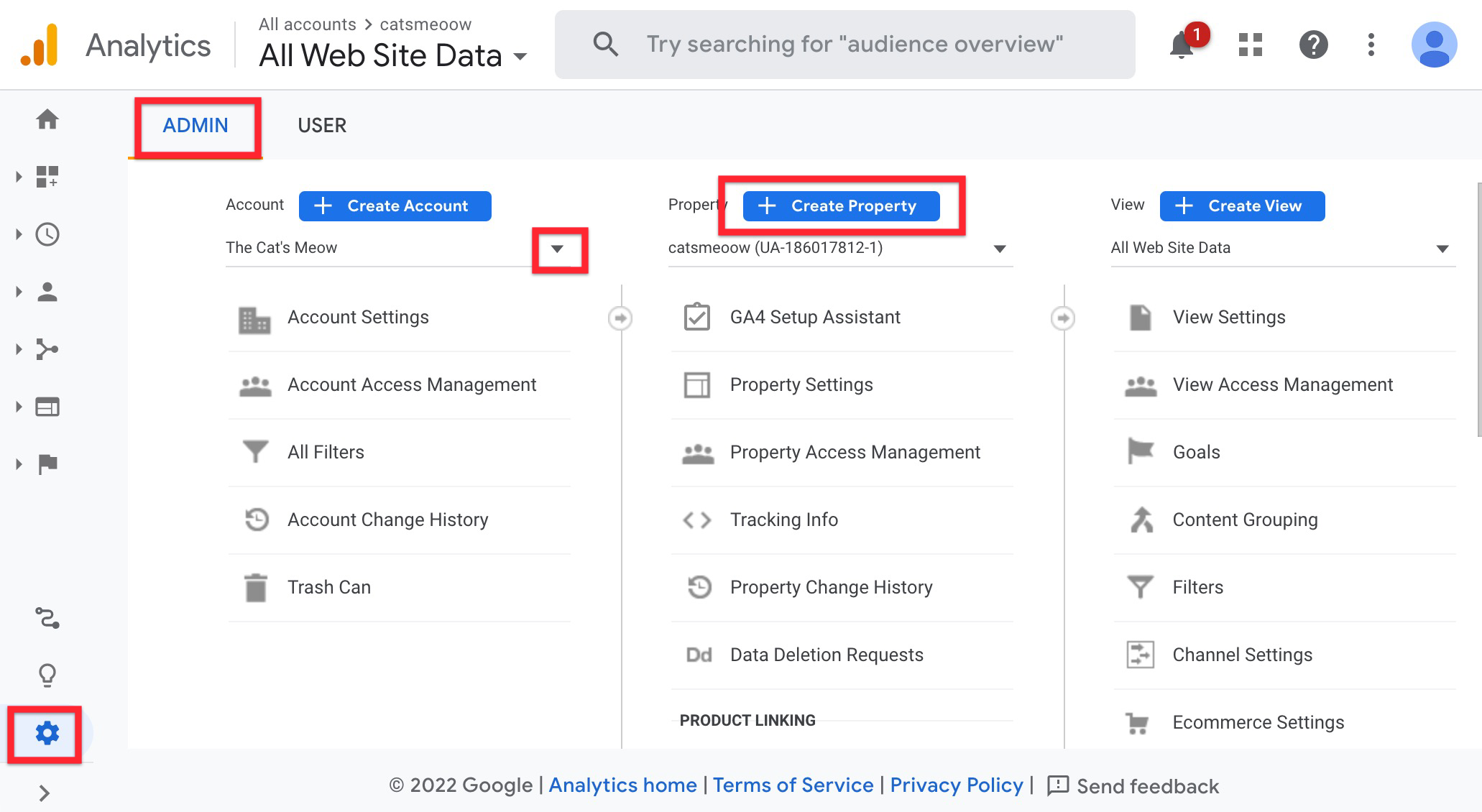 The screen shows the admin view of a Google Analytics account. From the left side of the page, the SETTINGS icon is circled. Then, at the top of the page, the ADMIN tab is circled. The user has selected an account from under the ACCOUNT menu, then the CREATE PROPERTY BUTTON is circled.