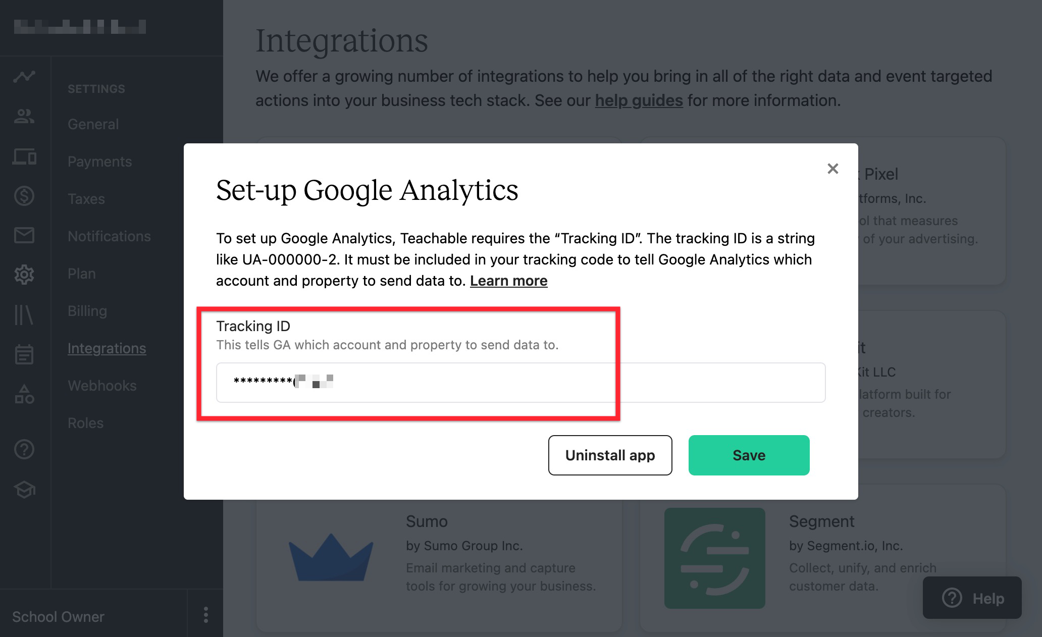 The screen shows the SETTINGS INTEGRATIONS menu of a Teachable school, with a Google Analytics popup open. There is a tracking id listed in the TRACKING ID field.
