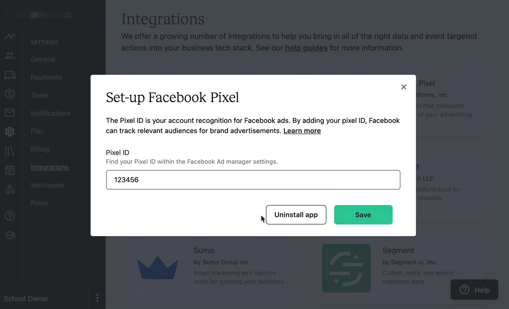 The gif shows the FACEBOOK PIXEL popup modal from the SETTINGS INTEGRATIONS page of the Teachable school. The user pastes an ID in the PIXEL ID field.