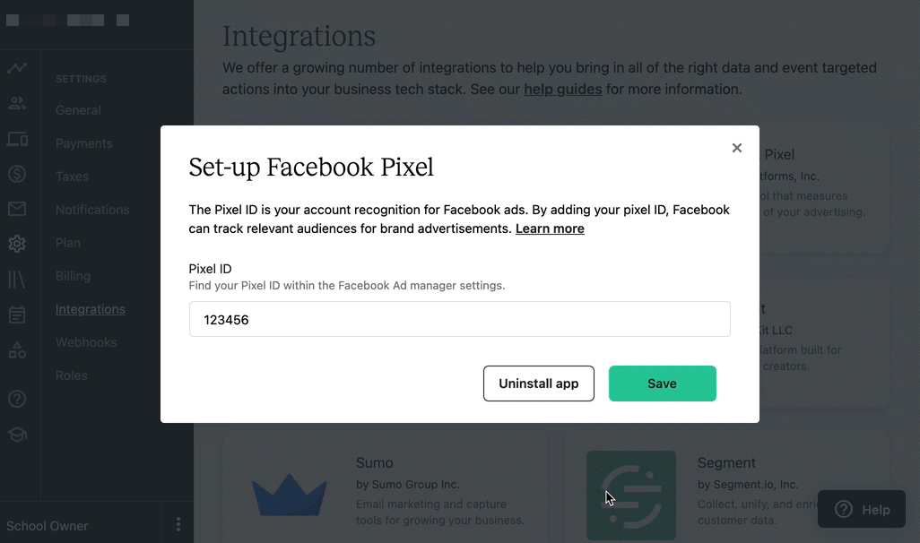 The gif shows the FACEBOOK PIXEL popup modal from the SETTINGS INTEGRATIONS page of the Teachable school. The user clicks the UNINSTALL APP button.