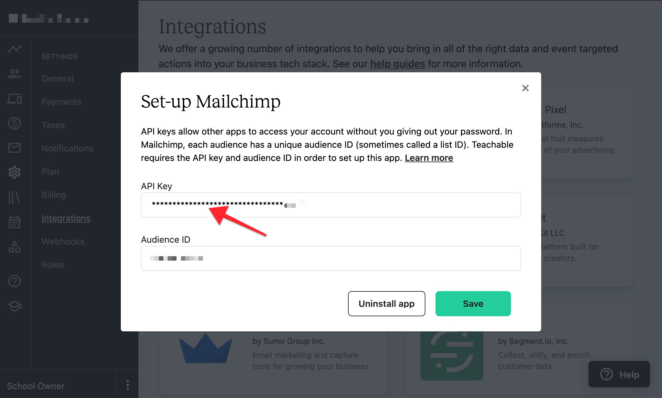 The screen shows a MAILCHIMP popup modal open on the SETTINGS INTEGRATIONS page of a Teachable school. The API KEY field is circled.