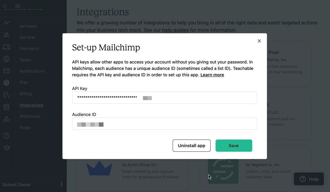 The gif shows the Mailchimp popup modal from the SETTINGS INTEGRATIONS page of a Teachable school. The user clicks the UNINSTALL APP button.