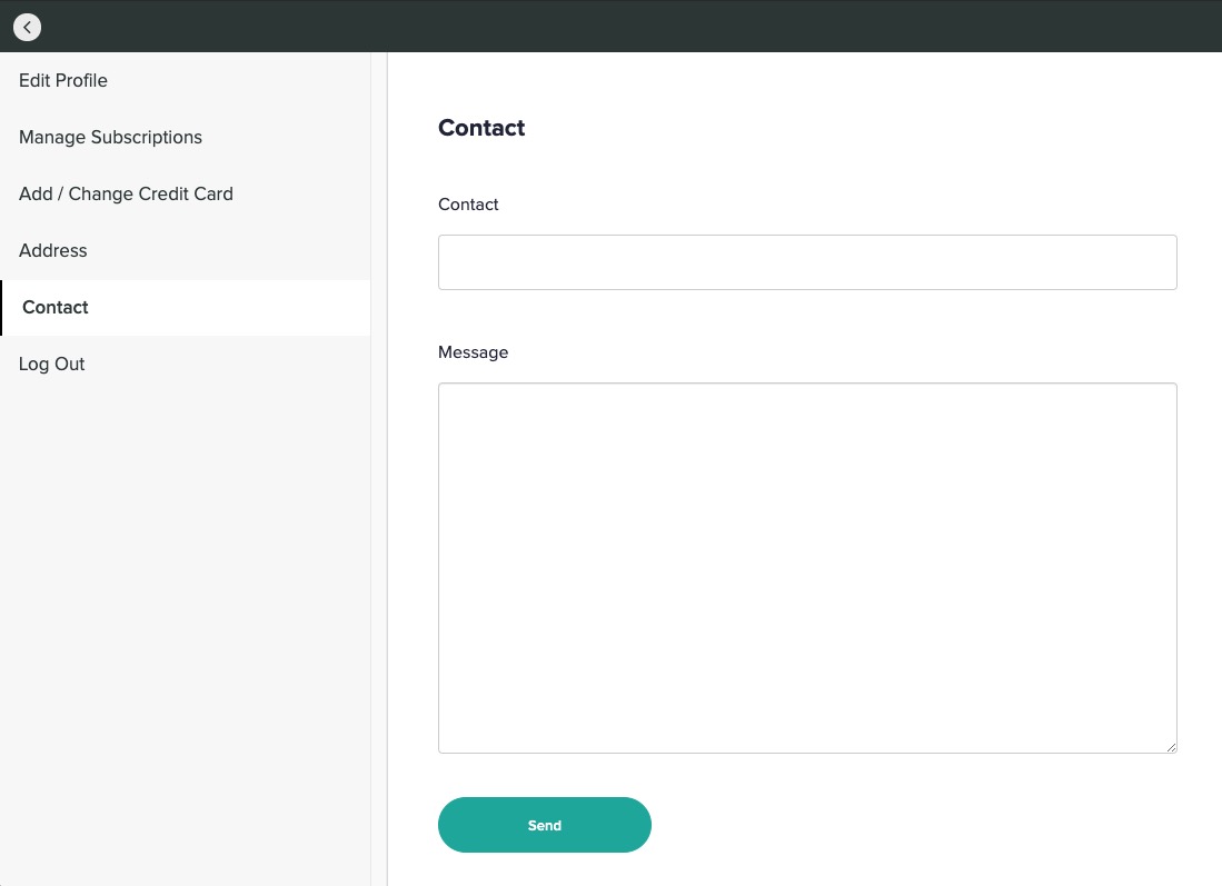The screen shows the CONTACT FORM page of the user's account settings. There is a field for CONTACT and a field for MESSAGE, with a SEND button beneath the fields.