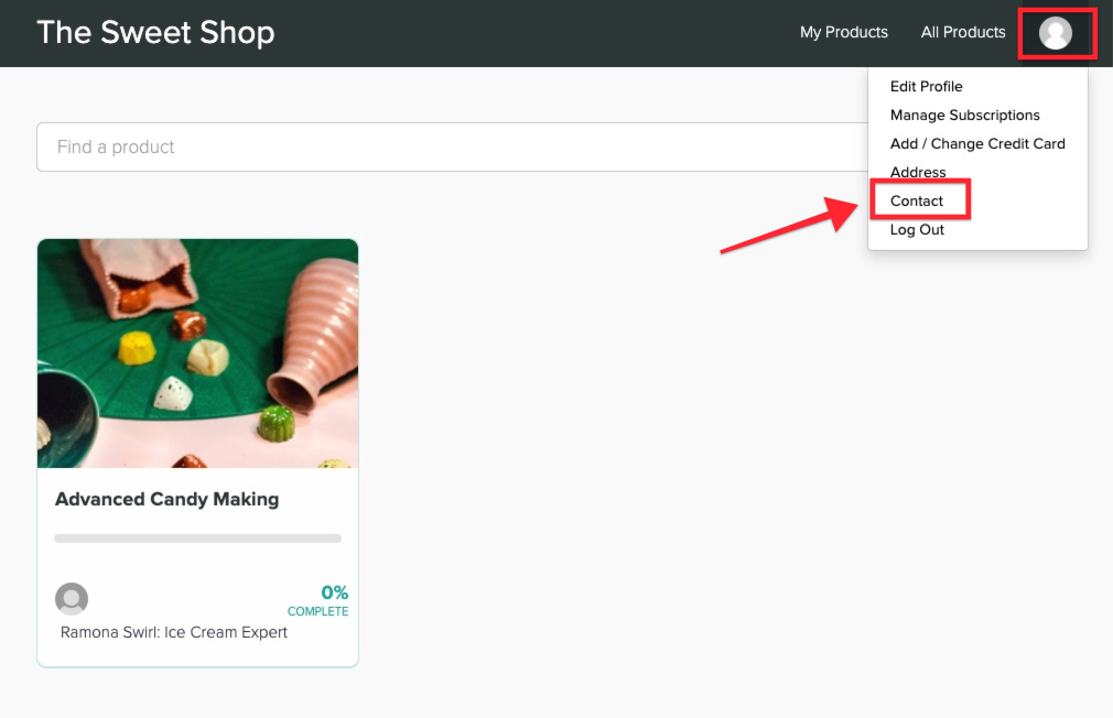 The screen shows a course directory of a sample Teachable school. In the top right corner of the screen, the user's profile icon image is circled. Then, from the dropdown menu, the CONTACT button is circled.
