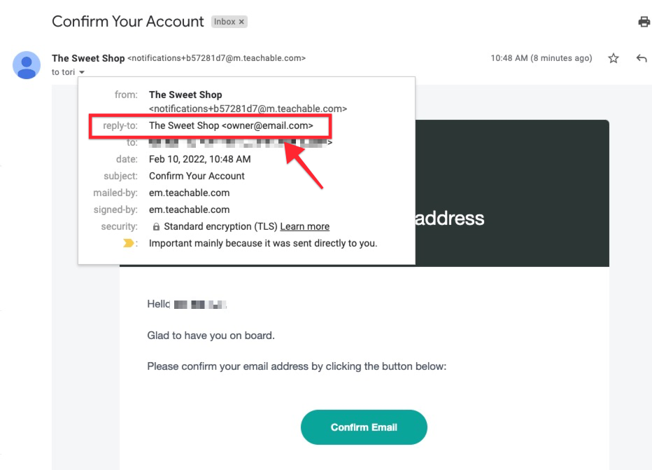 The screen shows a user's Gmail account with a sample Teachable account confirmation email open. The REPLY-TO email is circled.