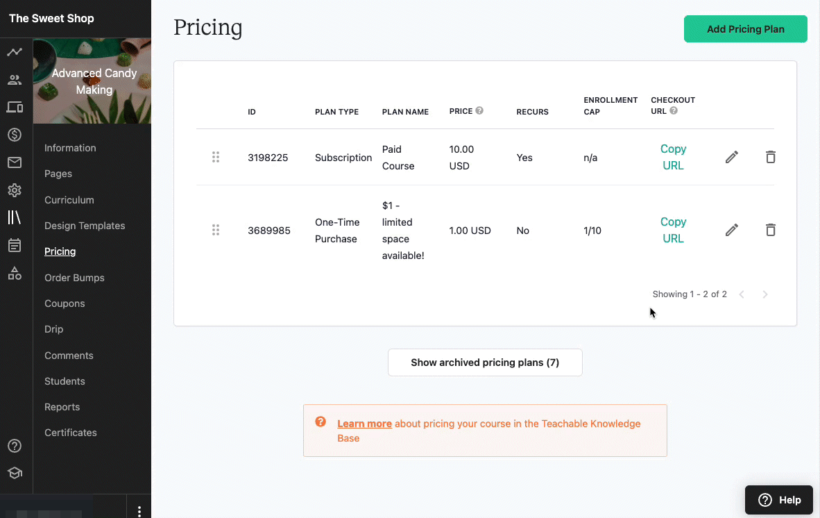 In a popup window for a pricing plan, the user clicks the RESET COUNT button, then clicks SAVE.
