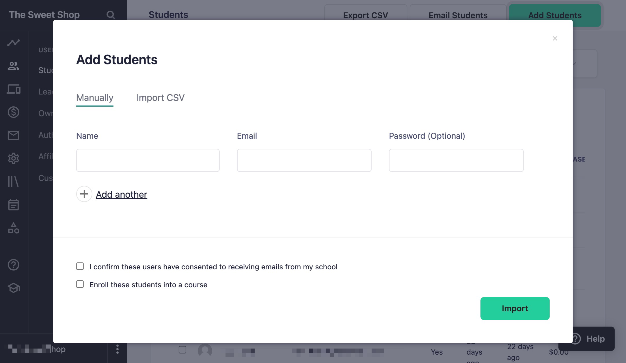 The image shows a popup window titled ADD STUDENTS, which has fields for NAME, EMAIL, and PASSWORD. There are checkbox fields for email consent and enrollment into a course, with a IMPORT button at the bottom of the window.