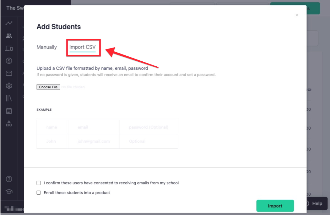 The image shows a popup window titled ADD STUDENTS. Towards the top of the poppup window, there are two tabs: MANUALLY or IMPORT CSV. The IMPORT CSV tab is circled.