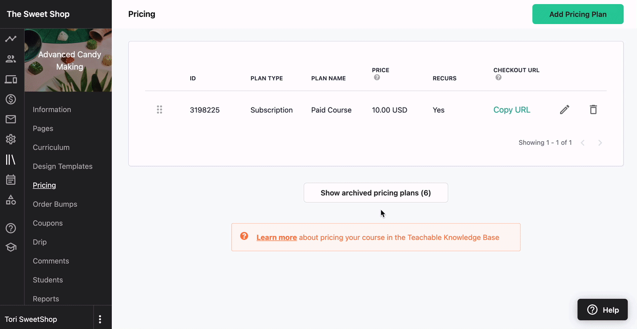 The user clicks the SHOW ARCHIVED PRICING PLANS button at the bottom of the PRICING page. Then, they click RESTORE PLAN next to one of the pricing options.