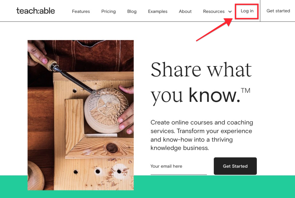 The screen shows the homepage for www.teachable.com. The LOG IN button in the top right corner of the page is circled.