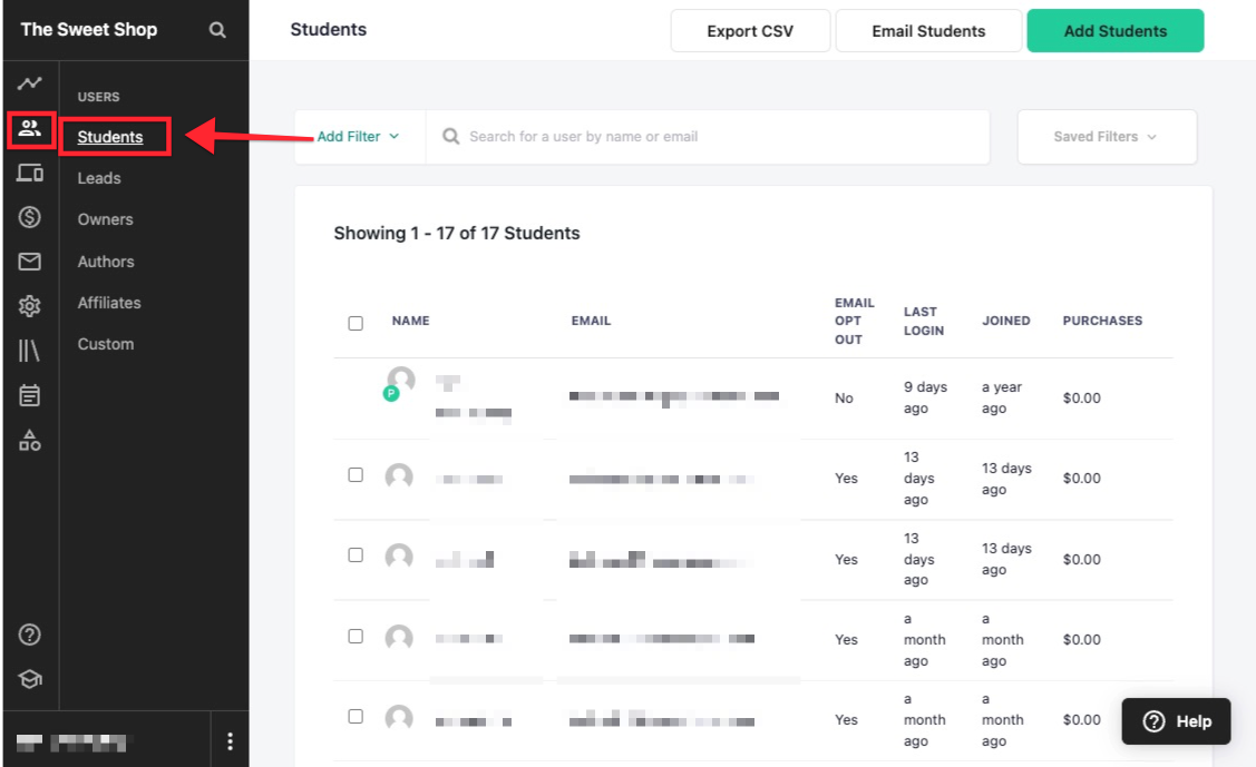 The image shows the screen of a sample Teachable school. From the navigation menu on the left side of the screen, the USERS, then the STUDENTS, tabs are circled.