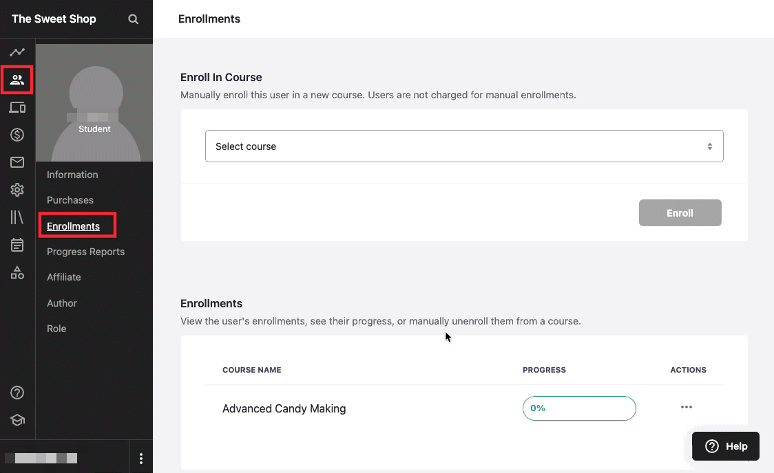 The gif shows the ENROLLMENTS tab of an individual student's profile. in the ENROLL IN COURSE section, the user selects a course name from the drop down menu, then clicks the ENROLL button.