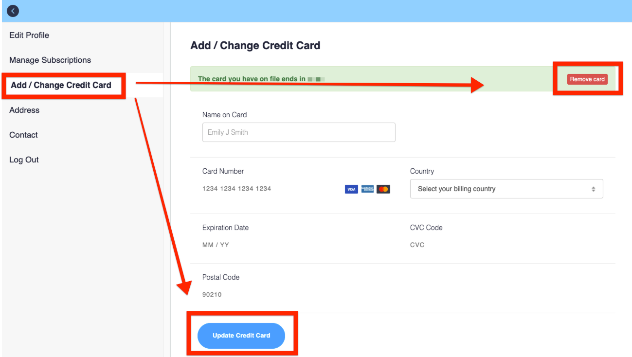 Example school account profile with Add/Change Credit Card tab selected and the Remove Card and Update Credit Card buttons highlighted.