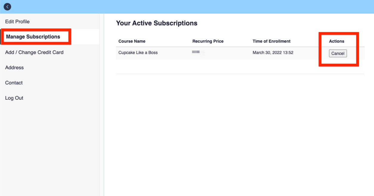 Example school account profile with Manage Subscriptions tab selected and the Cancel button highlighted next to an active subscription.