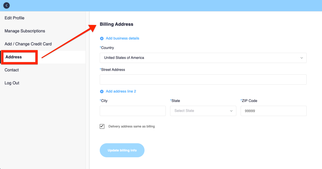 Example school account profile with Address tab selected showing the billing address form.