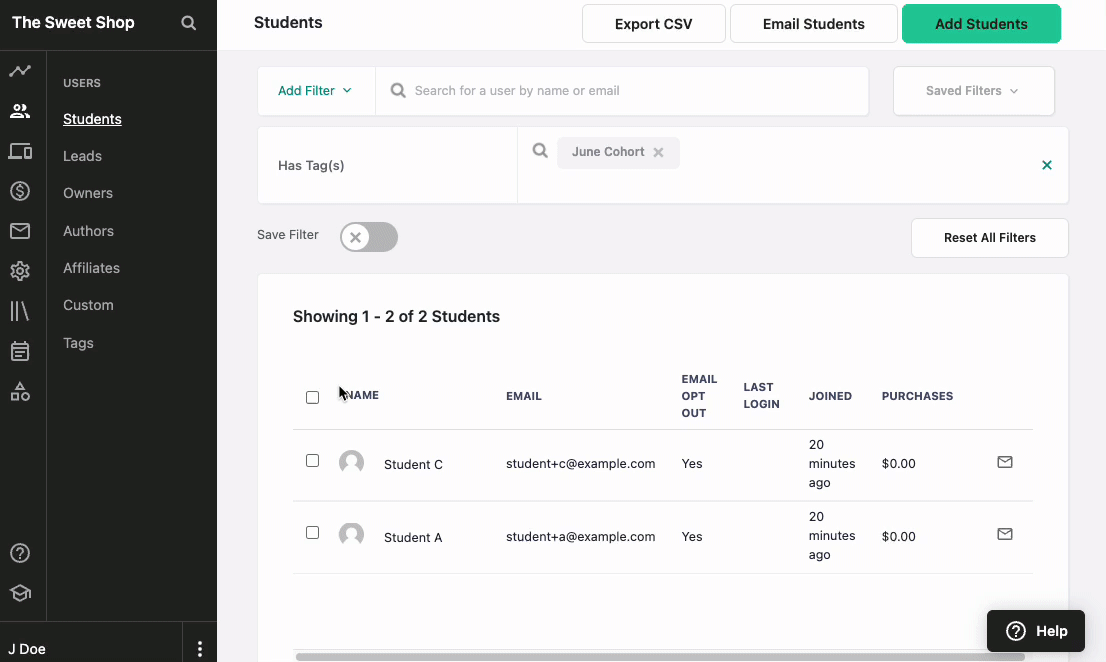 From the USERS > STUDENTS page, the user clicks a checkbox at the top of the students list, which checks off all students on the page.