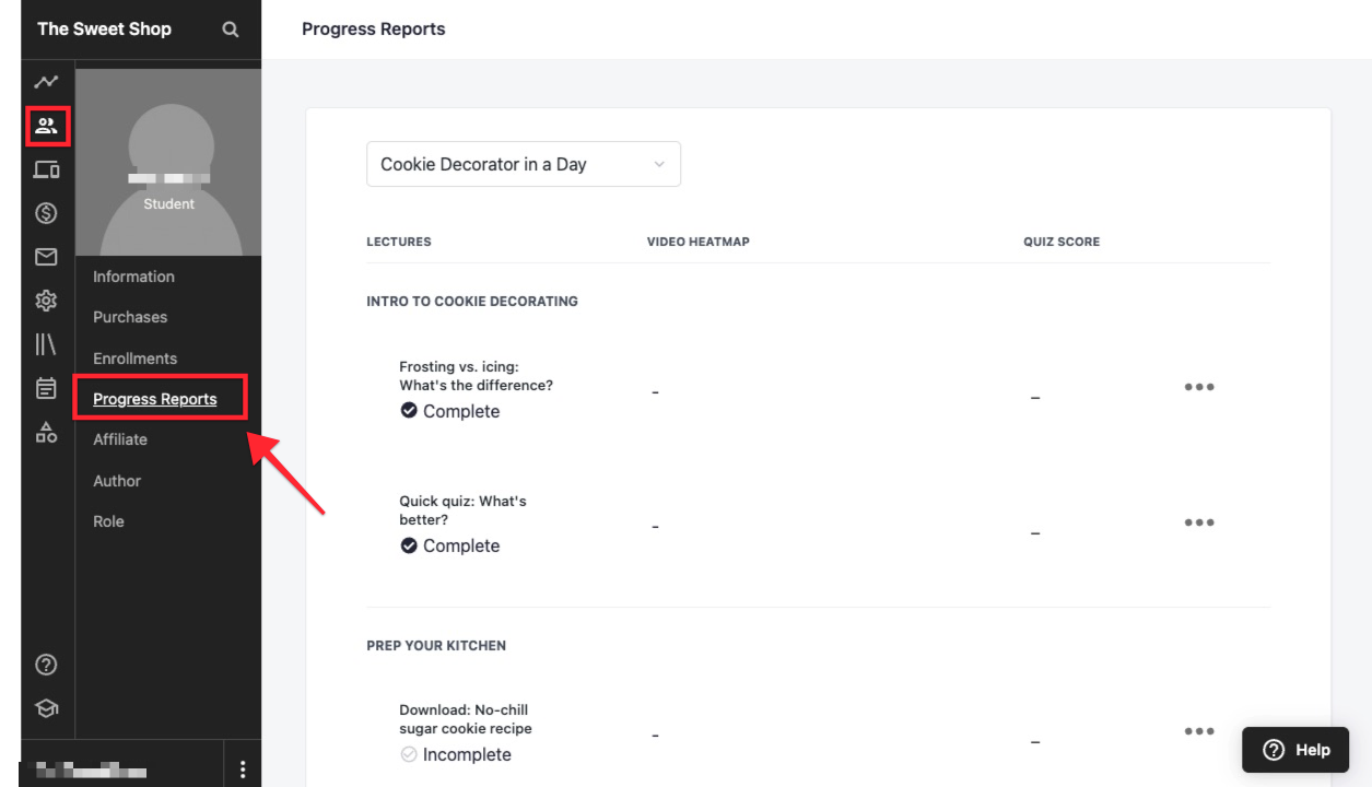 The screen shows the admin of a sample Teachable school, with the USERS tab from the left-side admin menu circled. An individual student's account is shown, with the PROGRESS REPORTS tab of their account menu circled.