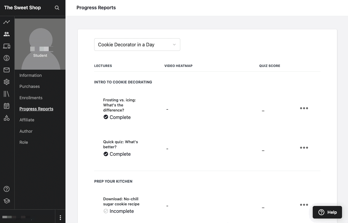 The screen shows a student's progress report page. The user navigates to a drop down menu at the top of the page, clicks it, and selects a different course.