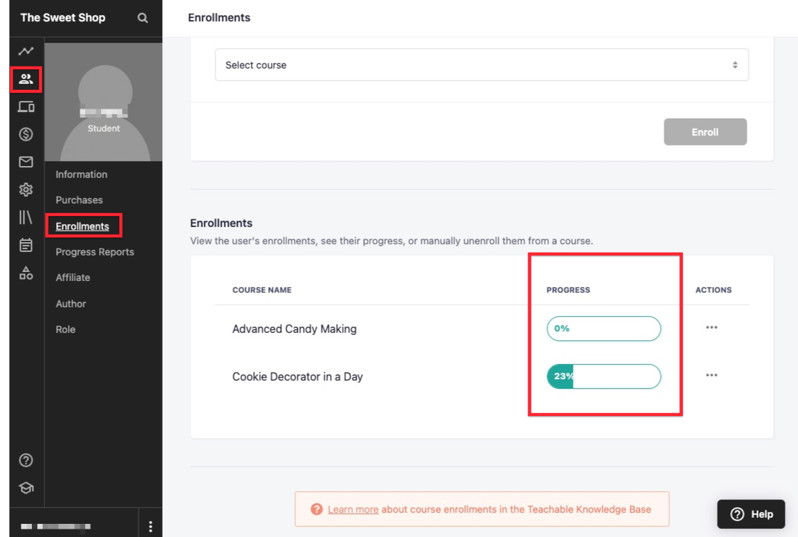 The screen shows the ENROLLMENTS tab of a user's profile. They are enrolled in two courses, and next to each course is a progress bar showing how much of a course the student has completed.