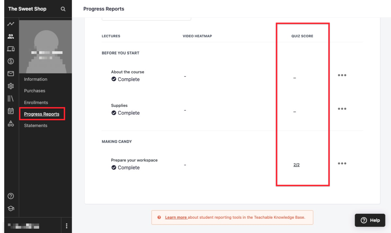 The screen shows the PROGRESS REPORTS tab of a student profile. In the QUIZ SCORES column, you can see some quiz scores such as 2/3, 10/12, etc., or a dash in the column to indicate no quiz score.