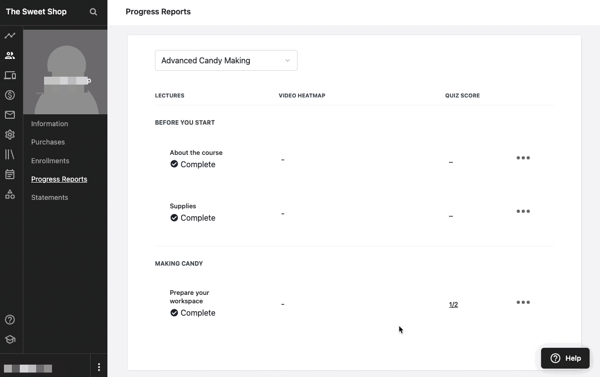 The screen shows the PROGRES REPORTS screen of a student profile. The user navigates to the QUIZ SCORES column and clicks one of the results that show 1/2. A popup window opens up, that shows each quiz question and the student's selected answer highlighted in green.