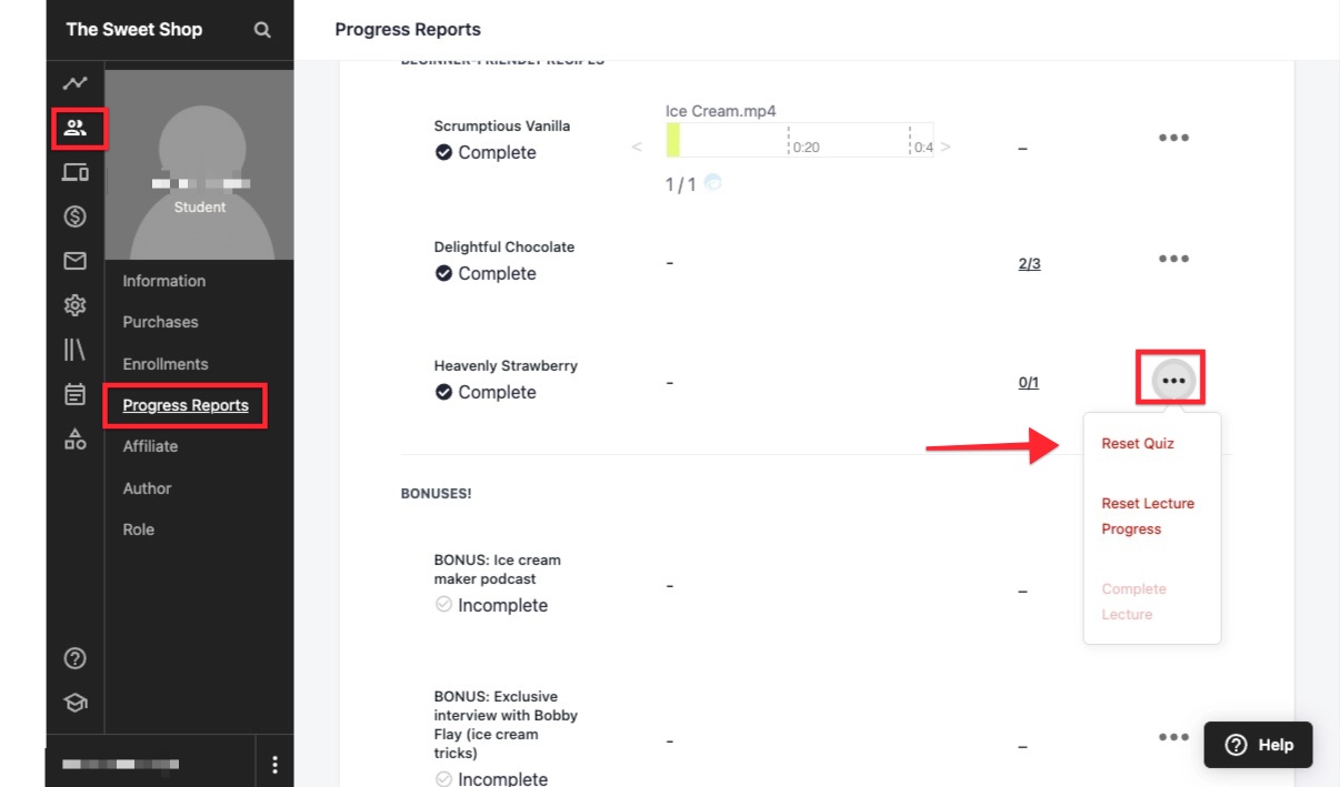 The screen shows the PROGRESS REPORTS tab of a student profile. Next to a specific lecture, the ellipses icon is selected, then from that dropdown menu, the RESET QUIZ button is circled.
