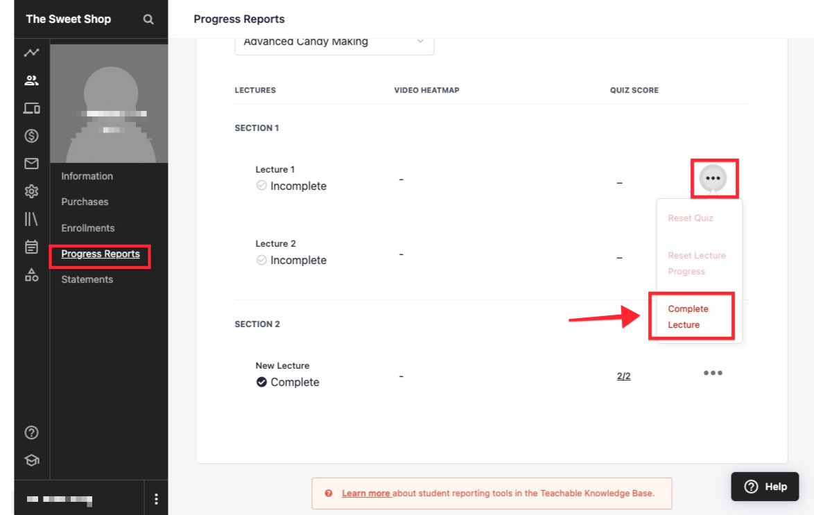 The screen shows the PROGRESS REPORTS tab of a student profile. Next to a specific lecture, the ellipses icon is selected, then from that dropdown menu, the COMPLETE LECTURE button is circled.