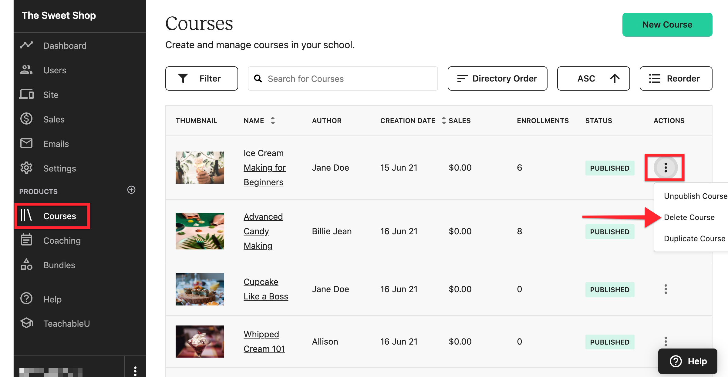 The COURSES tab from the left side navigation menu is selected and there is a list of courses displayed. Next to the first course on the list, the MORE OPTIONS icon is selected, and from that dropdown menu, the DELETE COURSE button is circled.